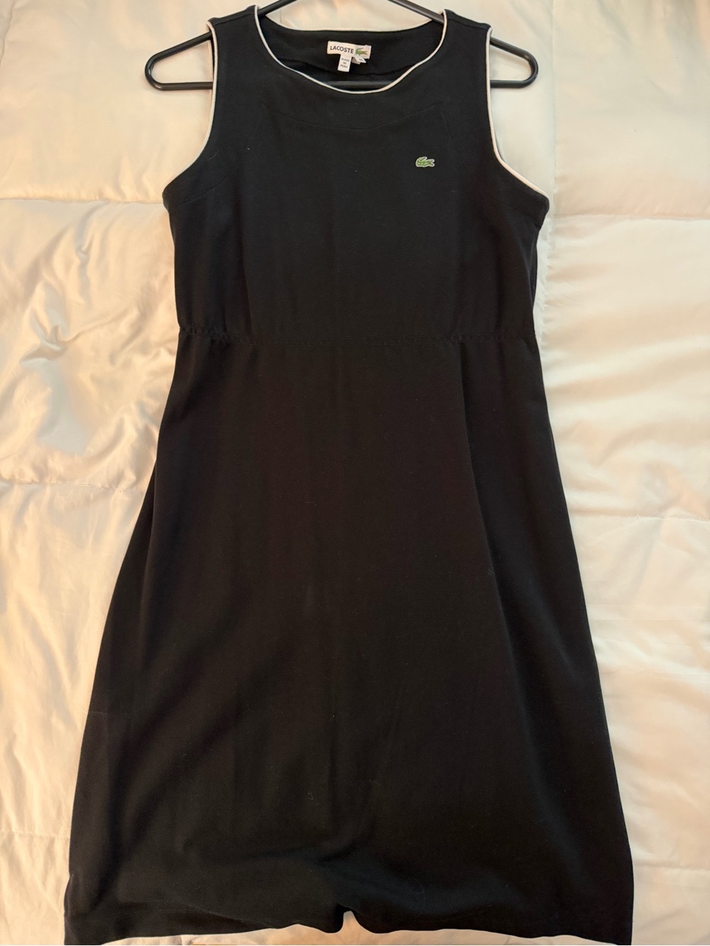 Lacoste Euro Size 40: Black Cotton Sleeveless White Piping Neck Line  Logo Dress